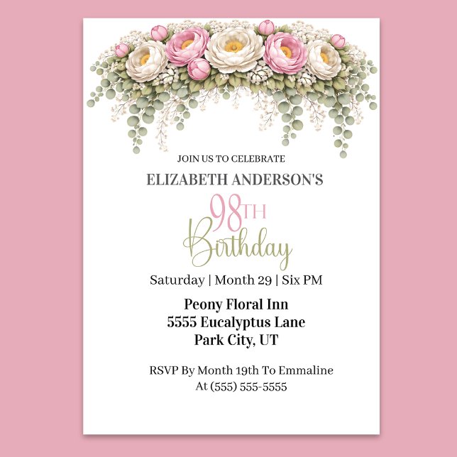 Pretty Pink and White Peony 98th Birthday Invitation (Elegant pink and white peony floral 98th birthday invitation)