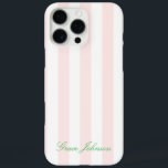 Pretty Pink and White Stripe Paris Inspired iPhone 16 Pro Max Case<br><div class="desc">Pretty Pink and White Stripe Paris Inspired iPhone 16 Pro Max Case.  Pink and Green theme.  Option to change the pink background colour to any colour of choice.  Option to change text and text colour.</div>