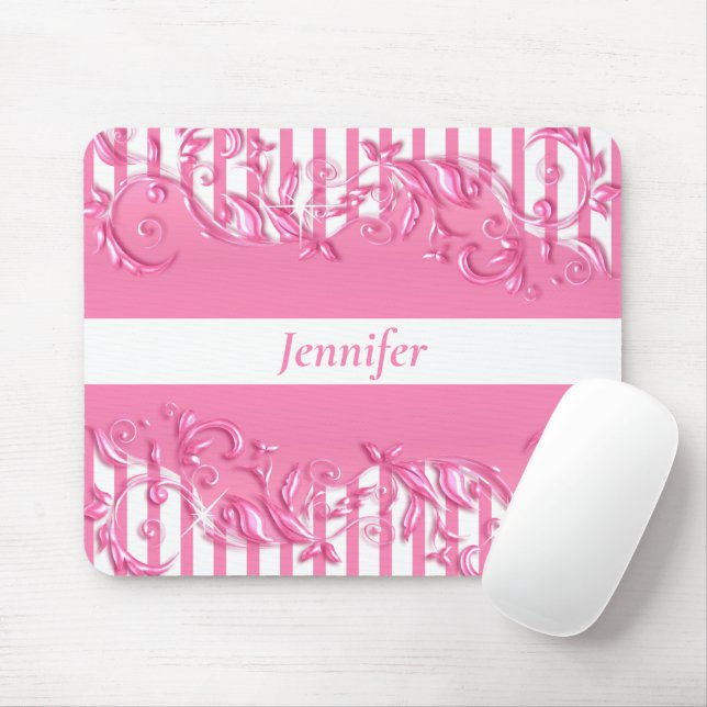 Pretty Pink and White Stripes with a Floral Design Mouse Pad (With Mouse)