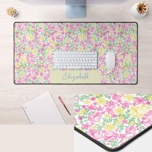 Pretty Pink and Yellow Floral Custom Name Desk Mat
