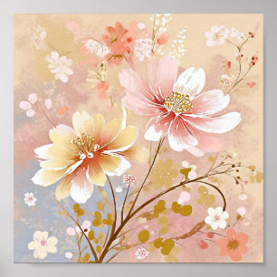 Pretty pink and yellow flowers painting poster