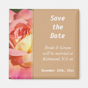 Pretty pink and yellow rose flower save the date magnet