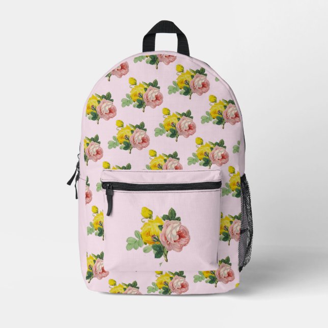 Pretty Pink and Yellow Roses Floral  Printed Backpack (Front)