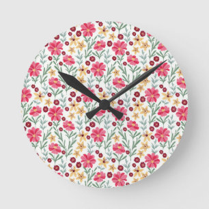 Pretty Pink and Yellow Vintage Floral Pattern Round Clock