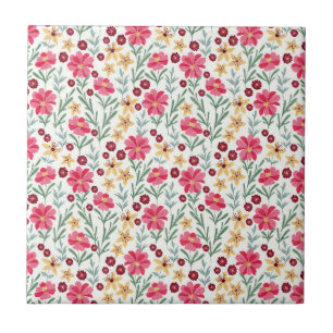 Pretty Pink and Yellow Vintage Floral Pattern Tile