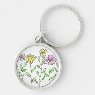 Pretty Pink and Yellow Watercolor Flowers Keychain