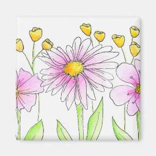 Pretty Pink and Yellow Watercolor Flowers Magnet