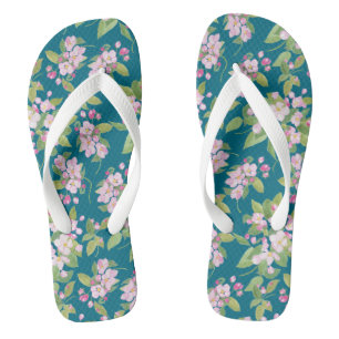 Pretty Pink Apple Blossom on Navy Background Flip Flops