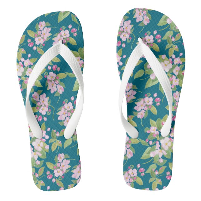 Pretty Pink Apple Blossom on Navy Background Flip Flops (Footbed)