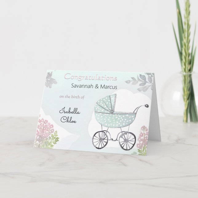 Pretty Pink Aqua Birth Congratulations New Baby Card (Front)