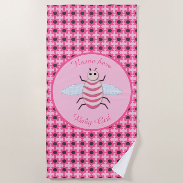 Pretty Pink Baby Girl Bee Custom Beach Towel (Front)