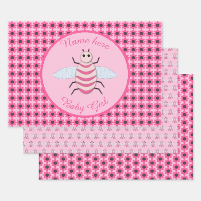 Pretty Pink Baby Girl Bee Custom Wrapping Paper Sheet (Set)