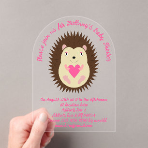 Pretty Pink Baby Girl Hedgehog Baby Shower Acrylic Invitations