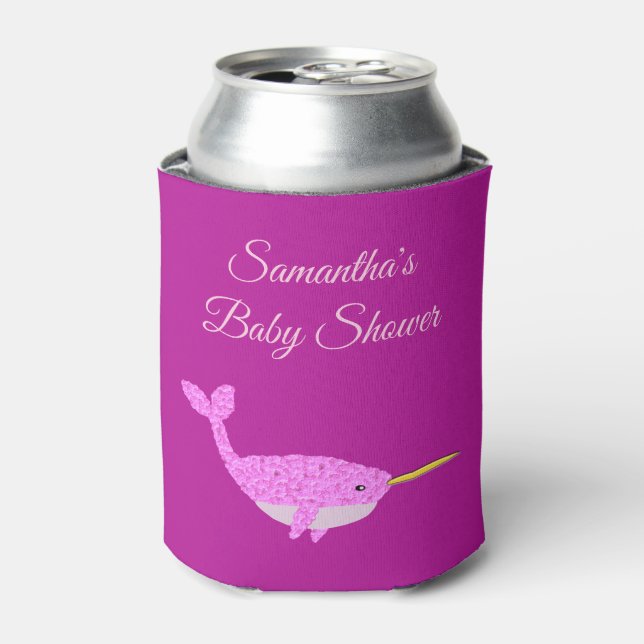 Pretty Pink Baby Girl Narwhal Baby Shower Custom Can Cooler (Can Front)