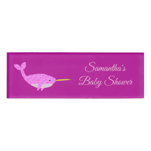 Pretty Pink Baby Girl Narwhal Baby Shower Custom Name Tag