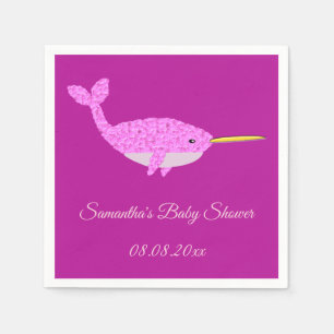 Pretty Pink Baby Girl Narwhal Baby Shower Custom Napkin