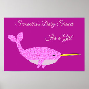 Pretty Pink Baby Girl Narwhal Baby Shower Custom Poster