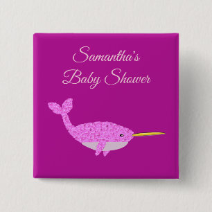 Pretty Pink Baby Girl Narwhal Custom Baby Shower 2 Inch Square Button