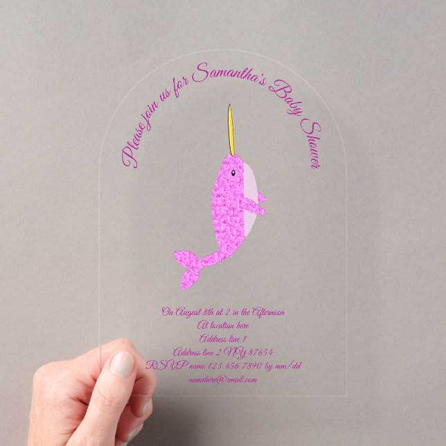 Pretty Pink Baby Girl Narwhal Custom Baby Shower Acrylic Invitations (Insitu (Handheld))