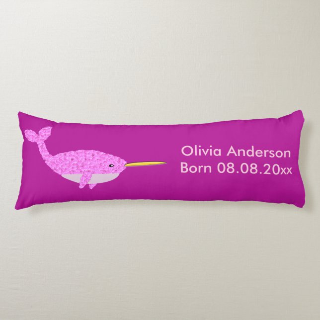 Pretty Pink Baby Girl Narwhal Custom Birth Body Pillow (Front)