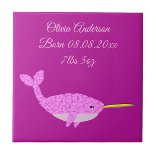Pretty Pink Baby Girl Narwhal Custom Birth Tile