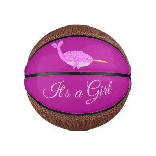 Pretty Pink Baby Girl Narwhal Gender Reveal Custom Mini Basketball