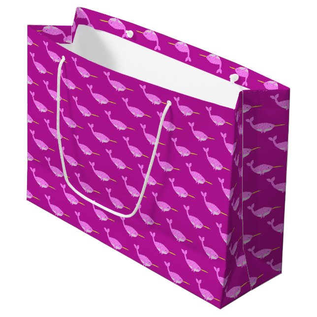 Pretty Pink Baby Girl Narwhal Patterned Large Gift Bag (Front Angled)
