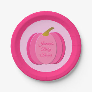 Pretty Pink Baby Girl Pumpkin Custom Baby Shower Paper Plate