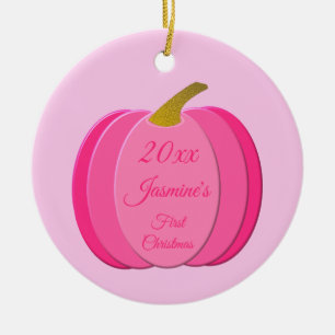Pretty Pink Baby Girl Pumpkin First Christmas Ceramic Ornament