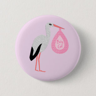 Pretty Pink Baby Girl Stork 2 Inch Round Button