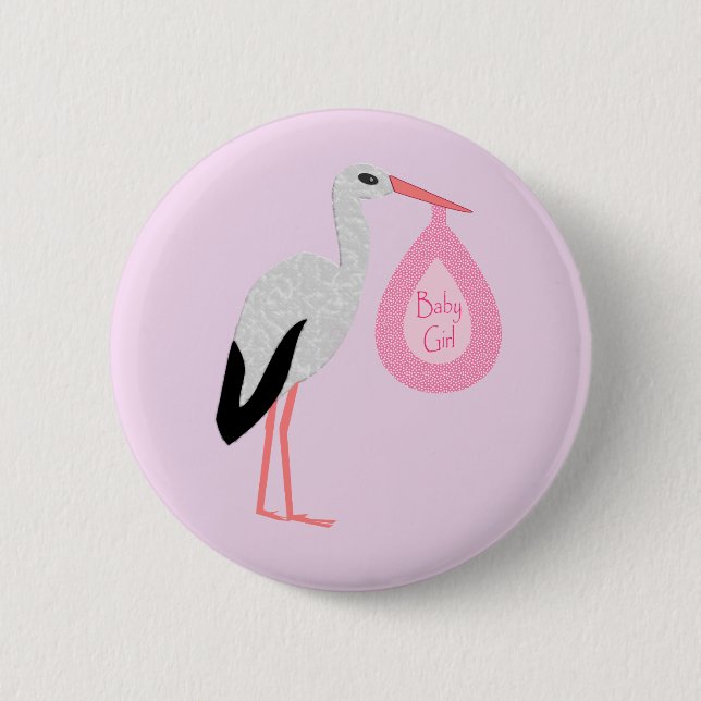 Pretty Pink Baby Girl Stork 2 Inch Round Button (Front)