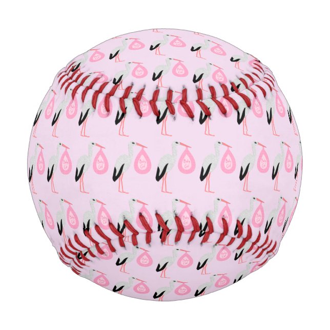 Pretty Pink Baby Girl Stork Baseball (Front)