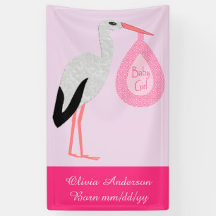Pretty Pink Baby Girl Stork Birth Announcement Banner