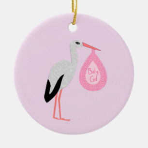 Pretty Pink Baby Girl Stork Ceramic Ornament