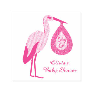 Pretty Pink Baby Girl Stork Custom Baby Shower Self-inking Stamp
