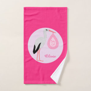 Pretty Pink Baby Girl Stork Custom Hand Towel