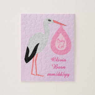 Pretty Pink Baby Girl Stork Custom Jigsaw Puzzle