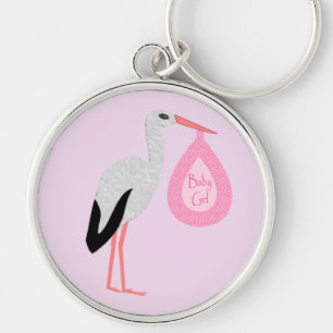 Pretty Pink Baby Girl Stork Keychain
