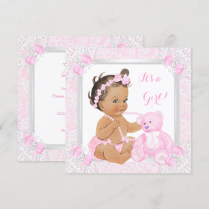 Pretty Pink Baby Shower Girl Lace Bear Brunette Invitation