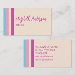 Pretty Pink Beige and Blue Stripes Hair Stylist Business Card