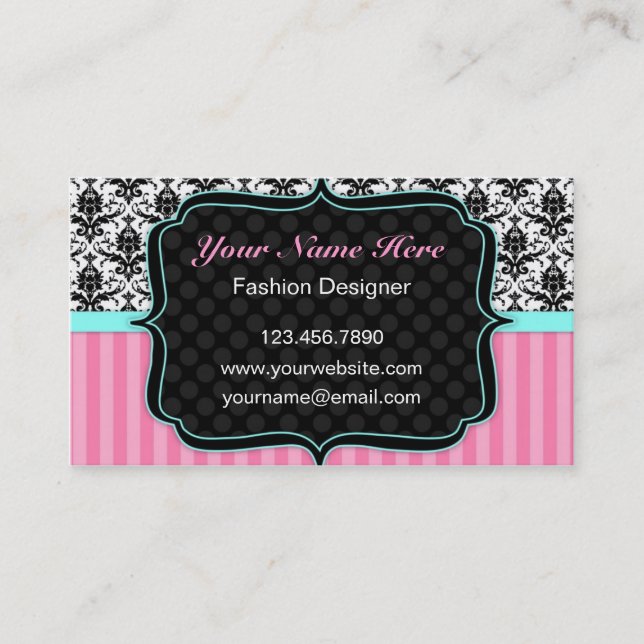 Pretty Pink, Black and White Damask Business Card (Front)