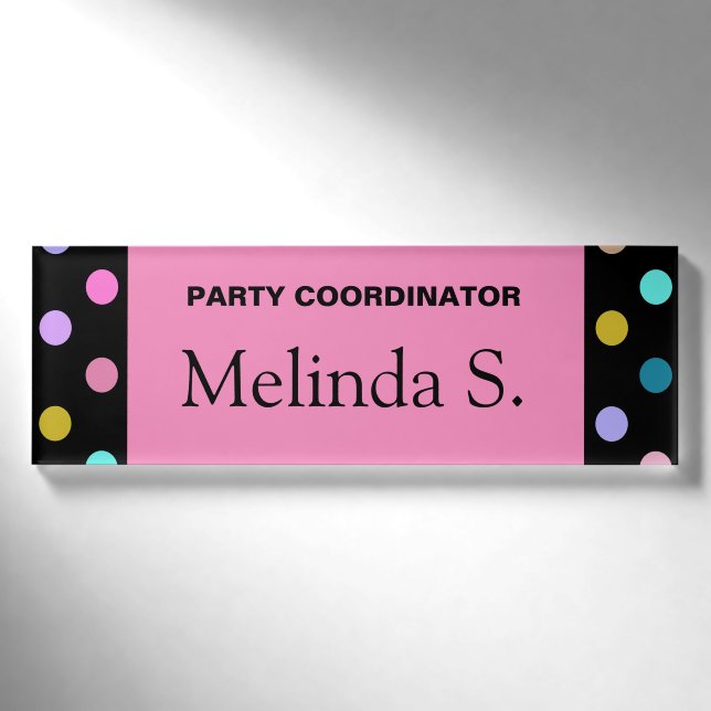 Pretty pink black confetti dots party name tag (Front)