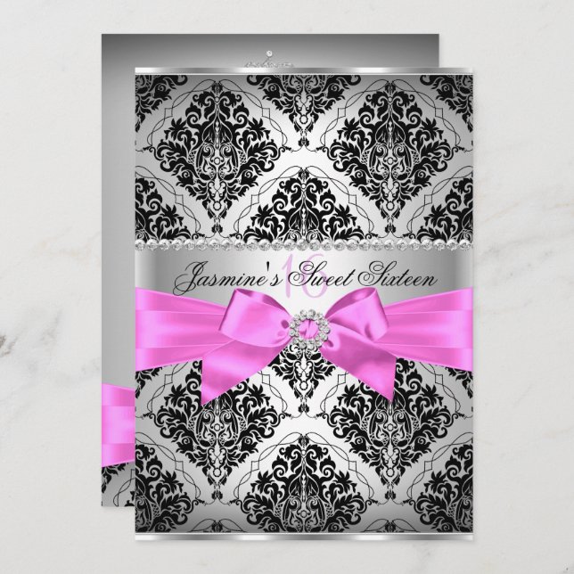 Pretty Pink Black Damask Sweet 16 Invitation (Front/Back)