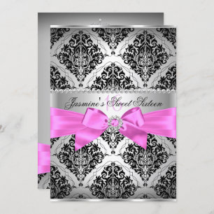 Pretty Pink Black Damask Sweet 16 Invitation