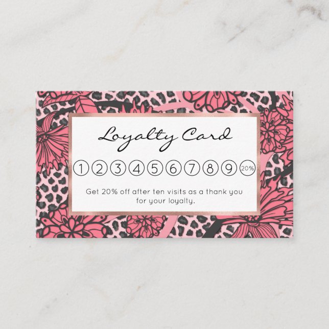 Pretty Pink Black Floral Leopard Print Pattern Loyalty Card (Front)