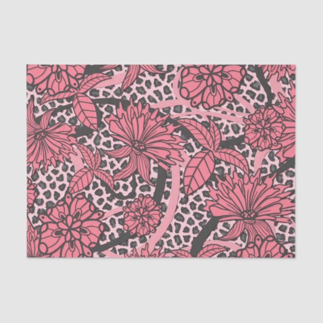 Pretty Pink Black Floral Leopard Print Pattern Tissue Paper (Front)