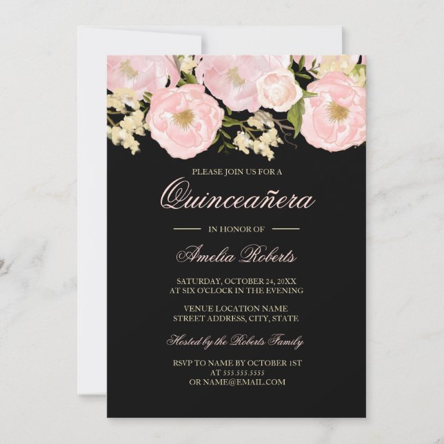 Pretty Pink Black Floral Quinceanera Invitation (Front)