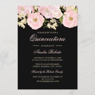 Pretty Pink Black Floral Quinceanera Invitation