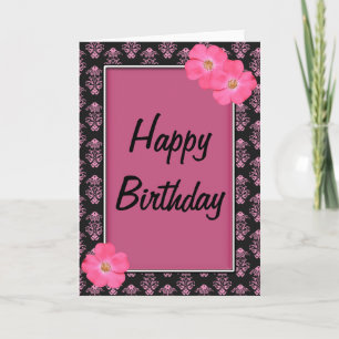 Pretty Pink & Black Flowers Happy Birthday Card