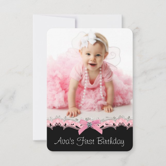 Pretty Pink Black Girls Photo 1st Birthday Party Invitation (Front)